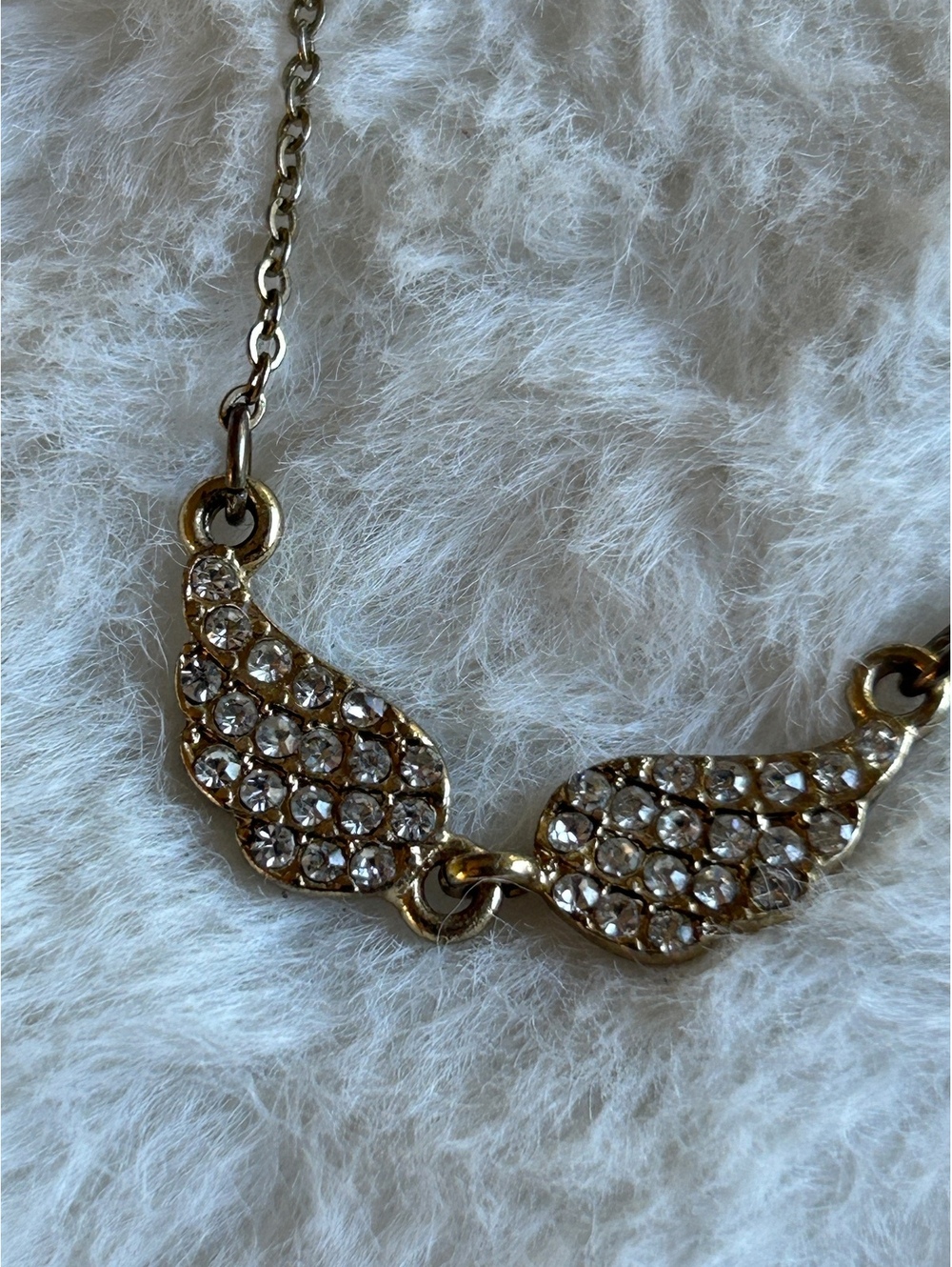 Gold Tone Angel Wings Necklace with Clear Rhinestones